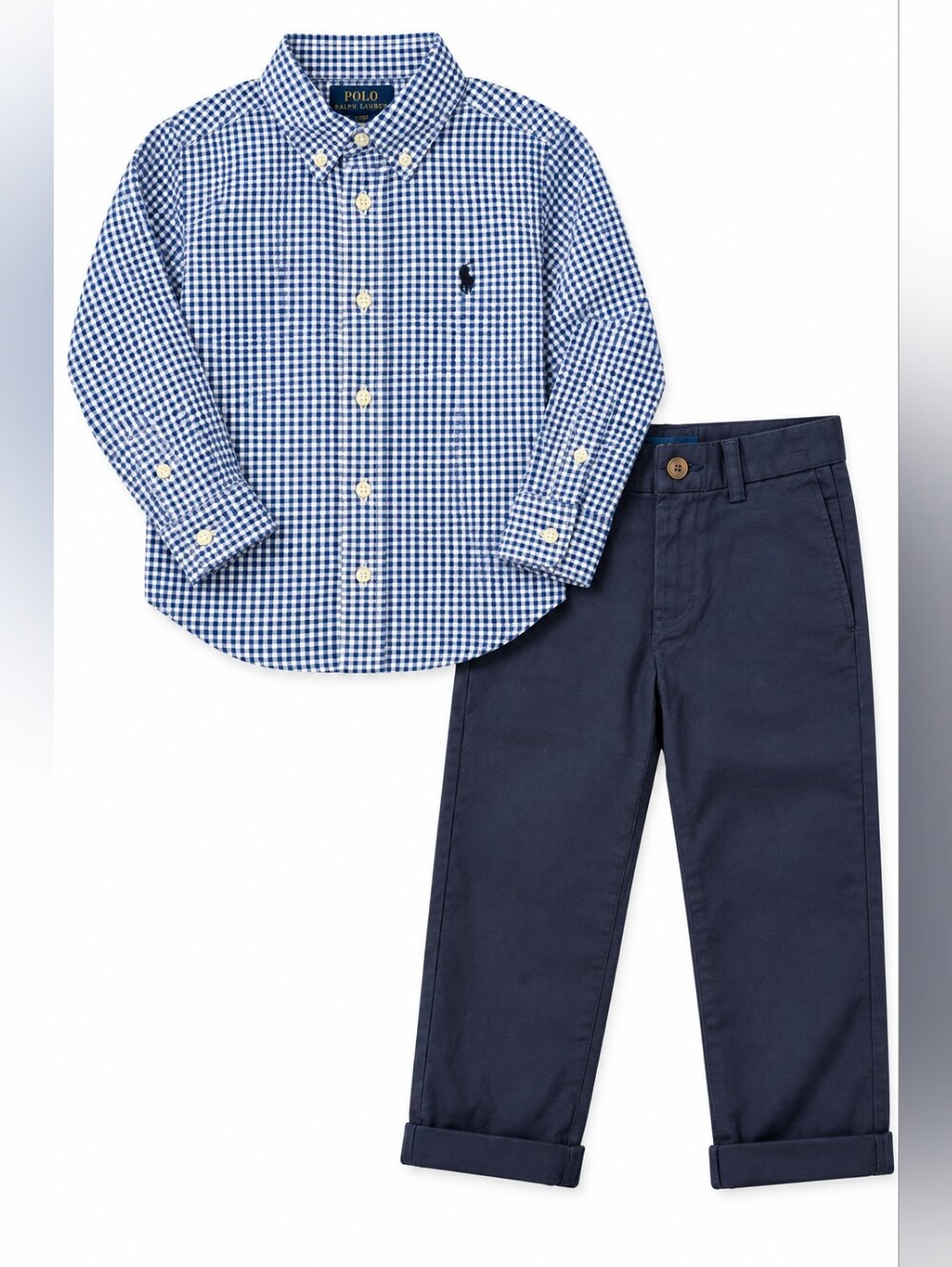 Ralph Lauren 5T Boys Navy Blue Gingham Button-Down Shirt with Navy Chinos Pants